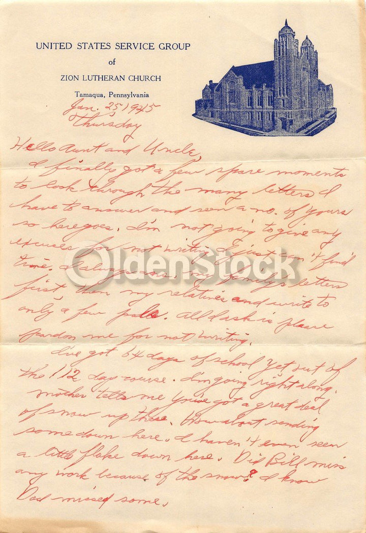 WWII Soldier's Handwritten Letter Home Zion Lutheran Church Tamaqua PA