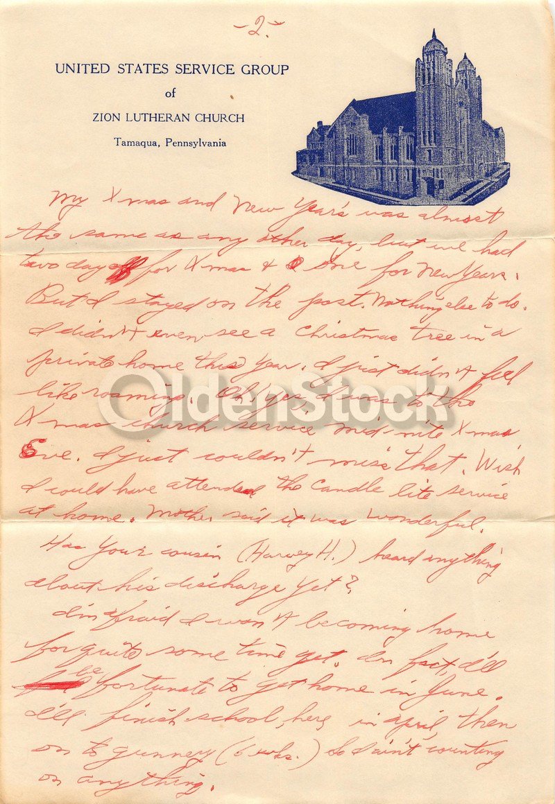 WWII Soldier's Handwritten Letter Home Zion Lutheran Church Tamaqua PA
