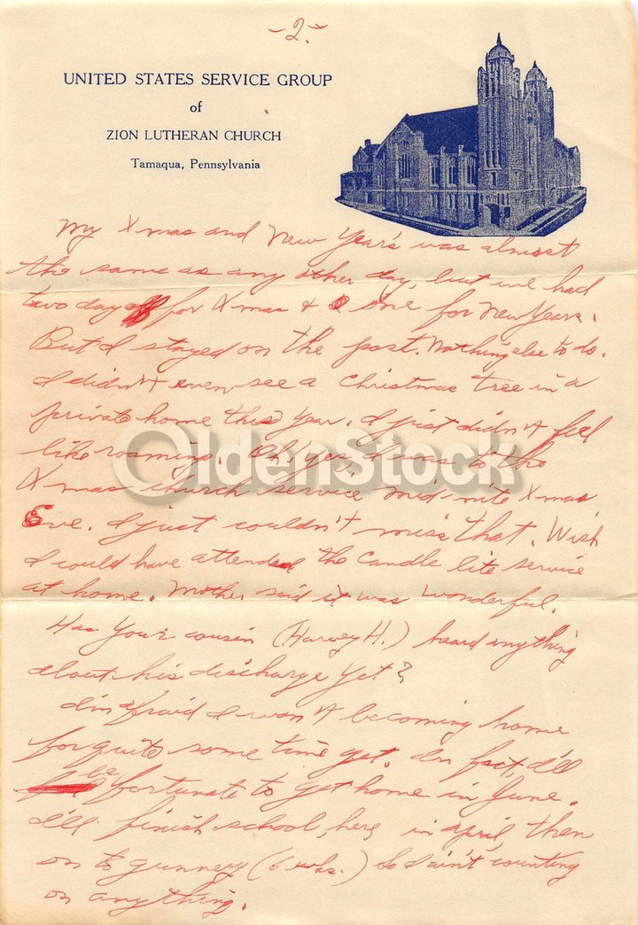 WWII Soldier's Handwritten Letter Home Zion Lutheran Church Tamaqua PA
