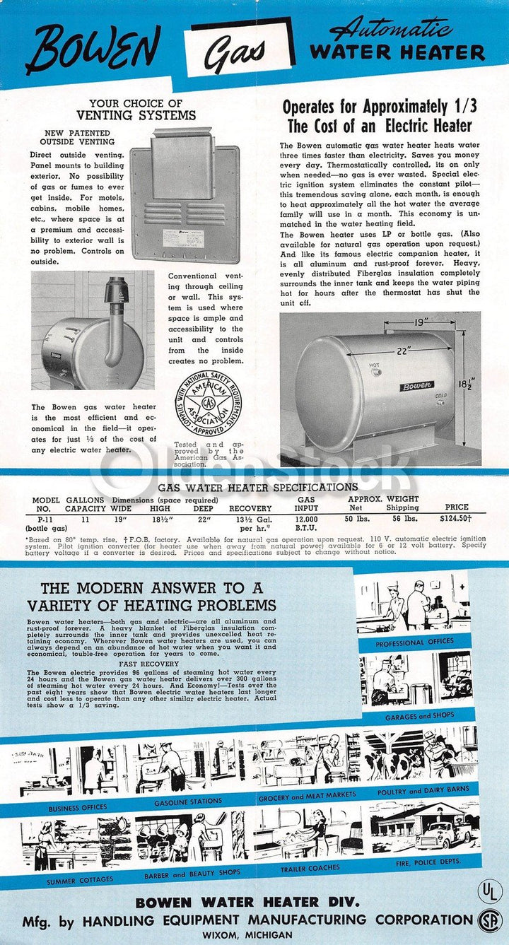 Bowen Gas & Electric Water Heaters Vintage Graphic Advertising Flyer