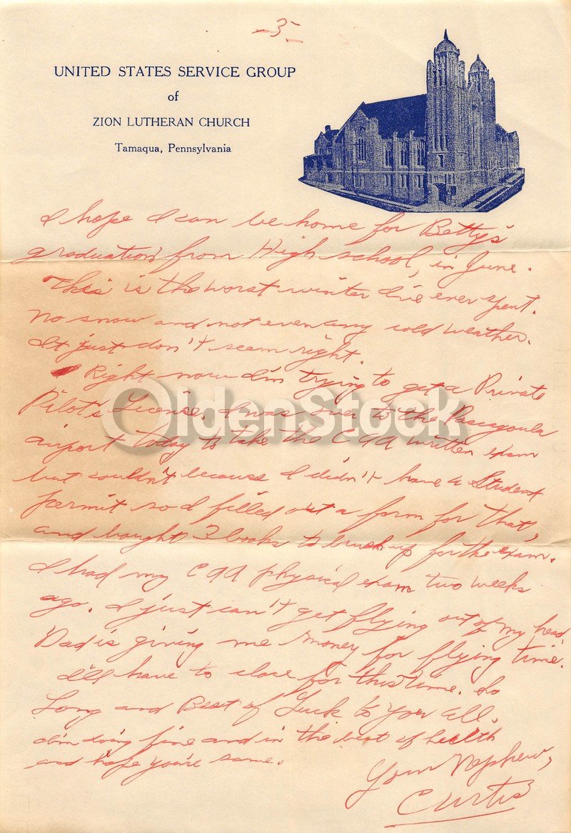 WWII Soldier's Handwritten Letter Home Zion Lutheran Church Tamaqua PA