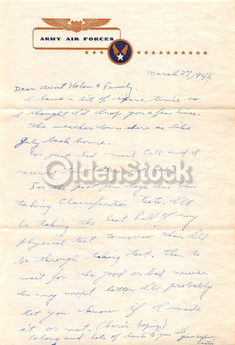 WWII Air Force Soldier Handwritten Letter Home on Army Air Forces Letterhead 1944