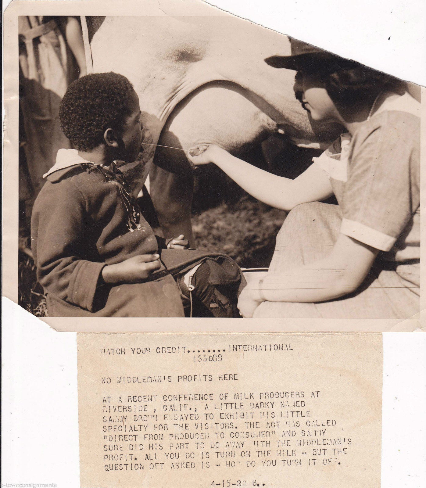 CUTE AFRICAN AMERICAN BOY DRINKING COWS MILK ON THE FARM ANTIQUE PRESS PHOTO - K-townConsignments