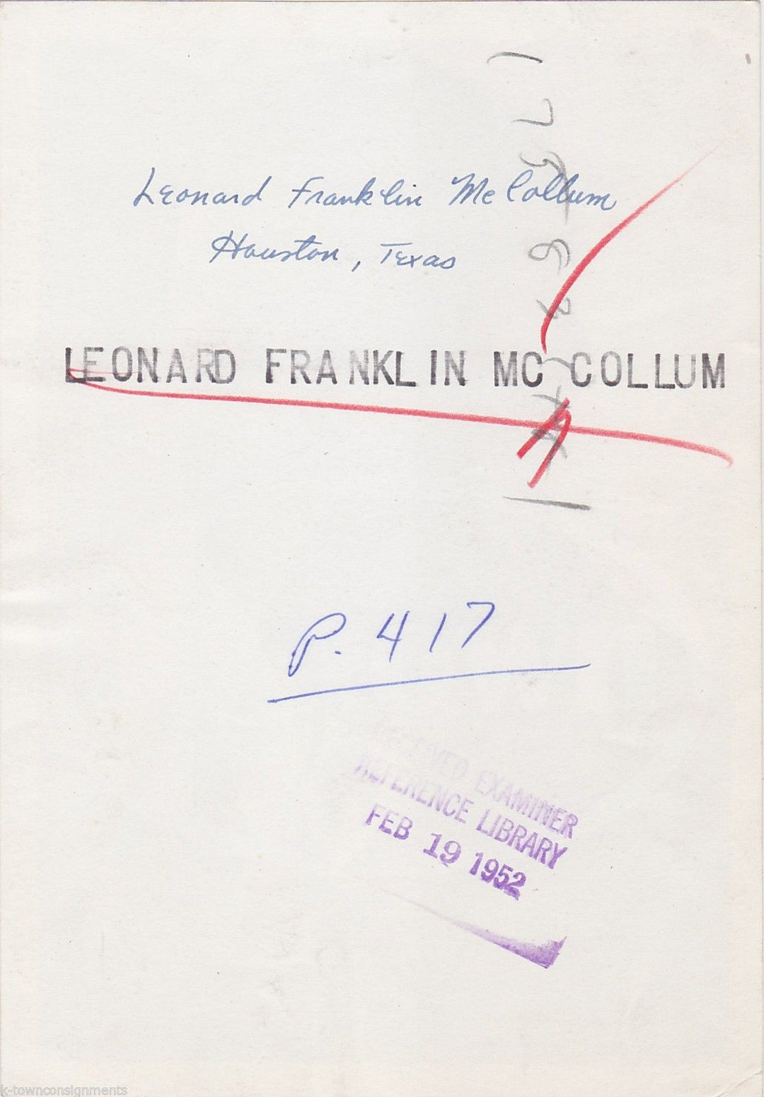 LEONARD FRANKLIN McCOLLUM HOUSTON TEXAS AUTHOR VINTAGE NEWS PRESS PHOTO 1952 - K-townConsignments