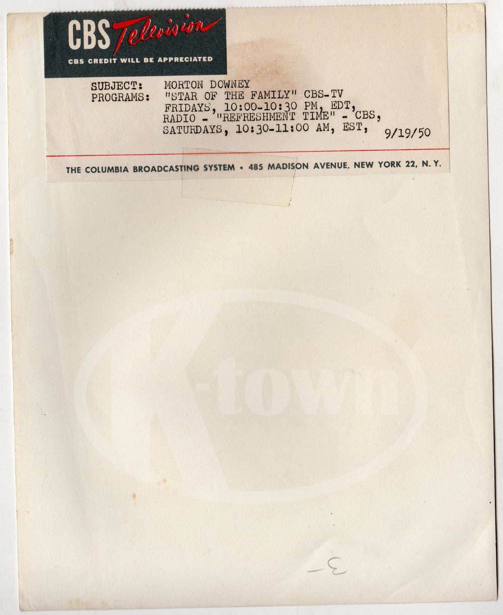 MORTON DOWNEY TV & MOVIE ACTOR VINTAGE PRESS RELEASE CBS STUDIO PROMO PHOTO - K-townConsignments