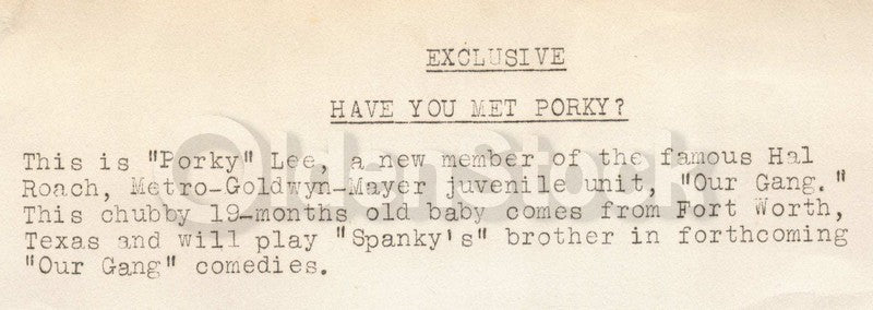 Porky Lee Our Gang Little Rascals Child Actor First Appearance Publicity Photo