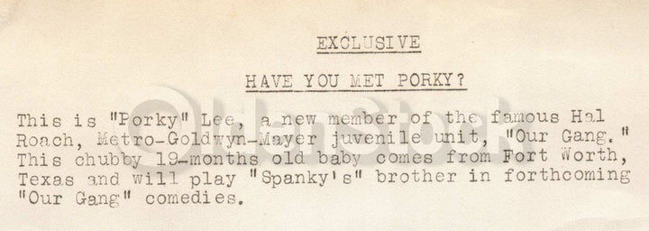 Porky Lee Our Gang Little Rascals Child Actor First Appearance Publicity Photo