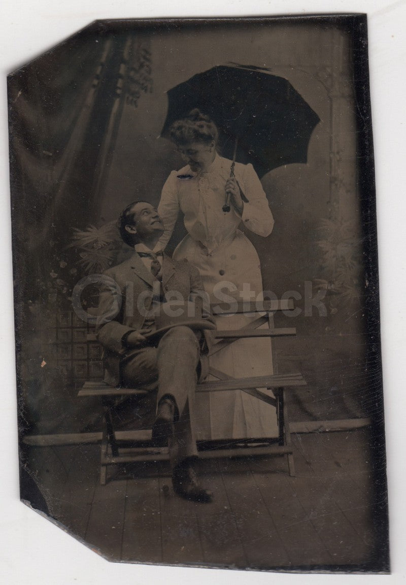 Playful Dapper Husband and Wife Bench Scene Antique Tintype Photo