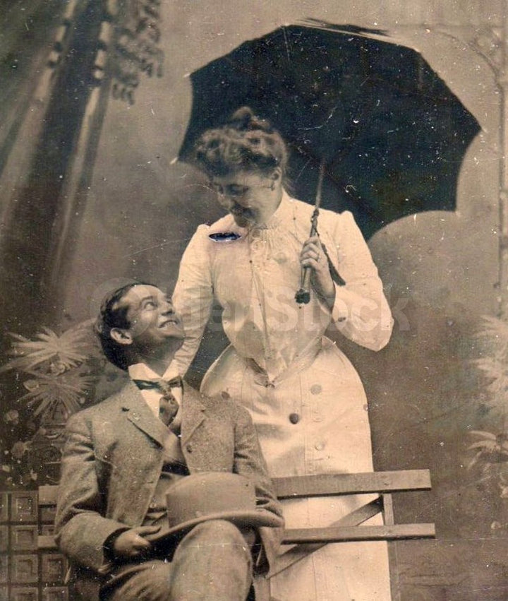 Playful Dapper Husband and Wife Bench Scene Antique Tintype Photo