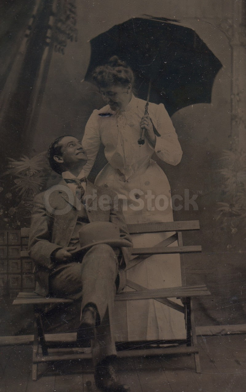 Playful Dapper Husband and Wife Bench Scene Antique Tintype Photo