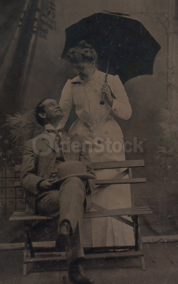 Playful Dapper Husband and Wife Bench Scene Antique Tintype Photo