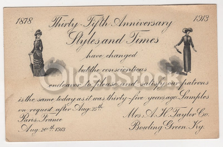 Mrs. A.H. Taylor Bowling Green Kentucky Parisian Fashions Antique Advertising Card 1913