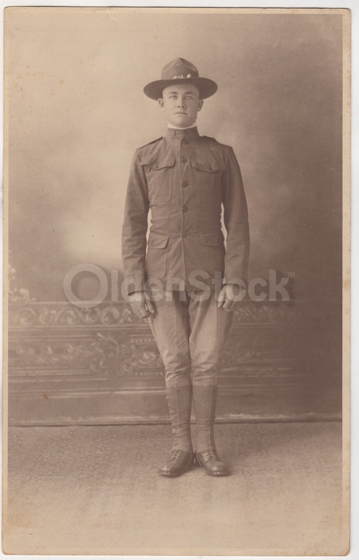 Young WWI Marine Soldier in Uniform Large Antique Americana Photo