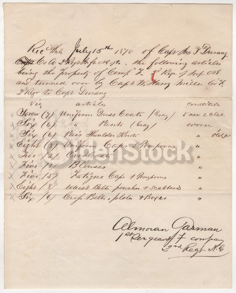 Pennsylvania National Guard Indians Wars Gear Signed Military Invoice 1870