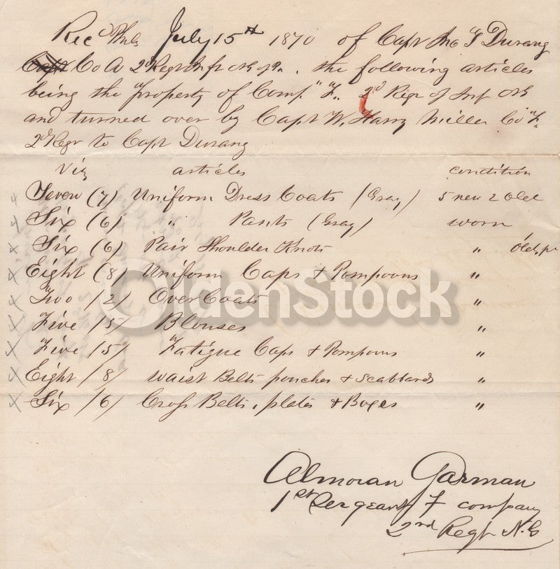 Pennsylvania National Guard Indians Wars Gear Signed Military Invoice 1870