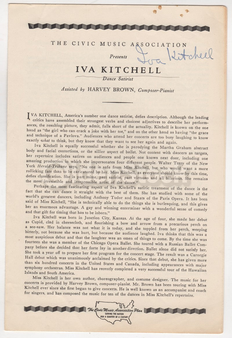 Iva Kitchell Stage Dancer Comedian Autograph Signed Theatre Concert Program