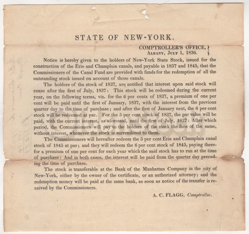 Erie Canal Construction Antique Shareholder Statement Broadside 1836