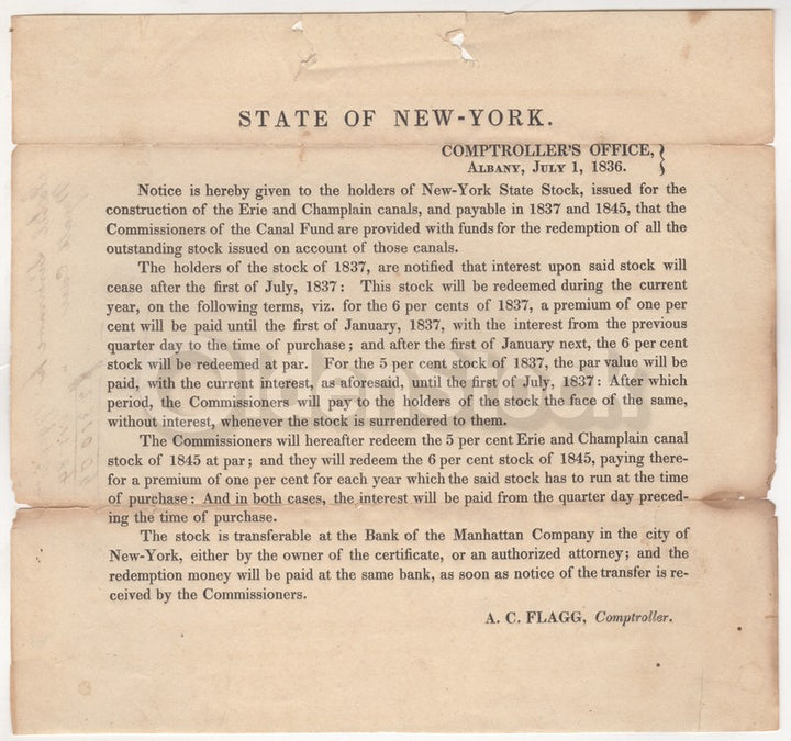 Erie Canal Construction Antique Shareholder Statement Broadside 1836