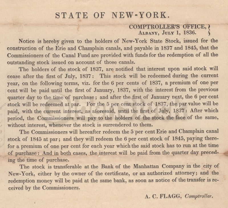 Erie Canal Construction Antique Shareholder Statement Broadside 1836