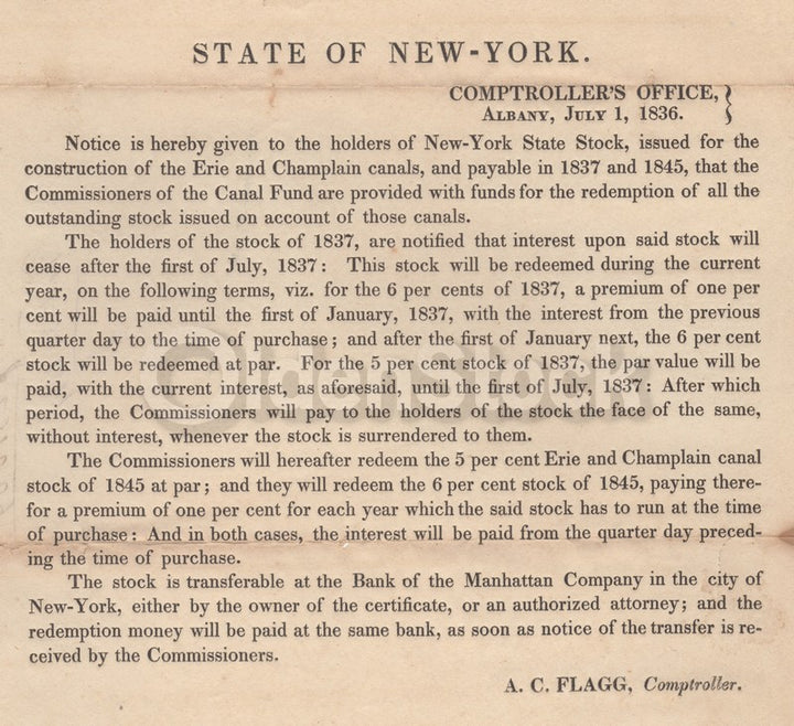 Erie Canal Construction Antique Shareholder Statement Broadside 1836