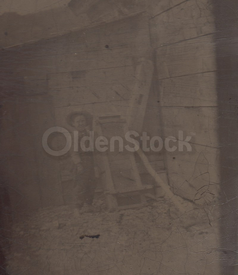 Farm Boy Playing in Barnyard Outdoor Antique Occupational Tintype Photo