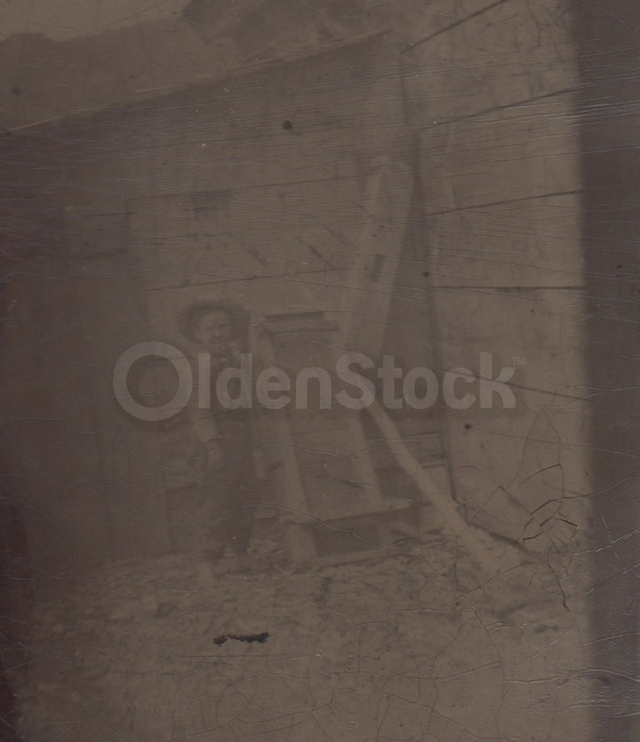 Farm Boy Playing in Barnyard Outdoor Antique Occupational Tintype Photo