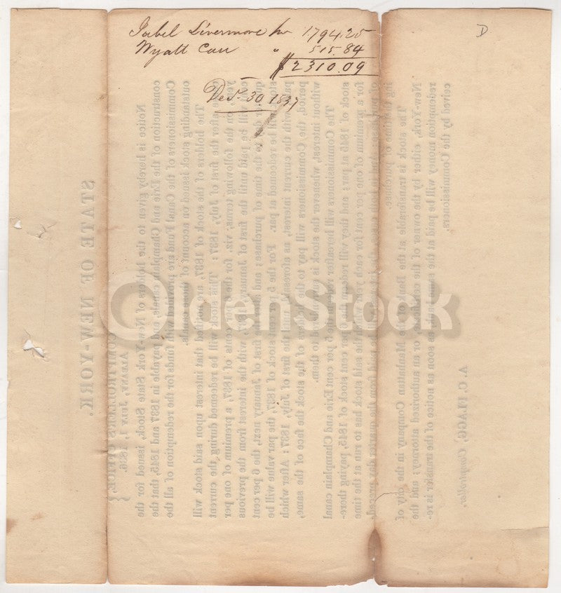 Erie Canal Construction Antique Shareholder Statement Broadside 1836