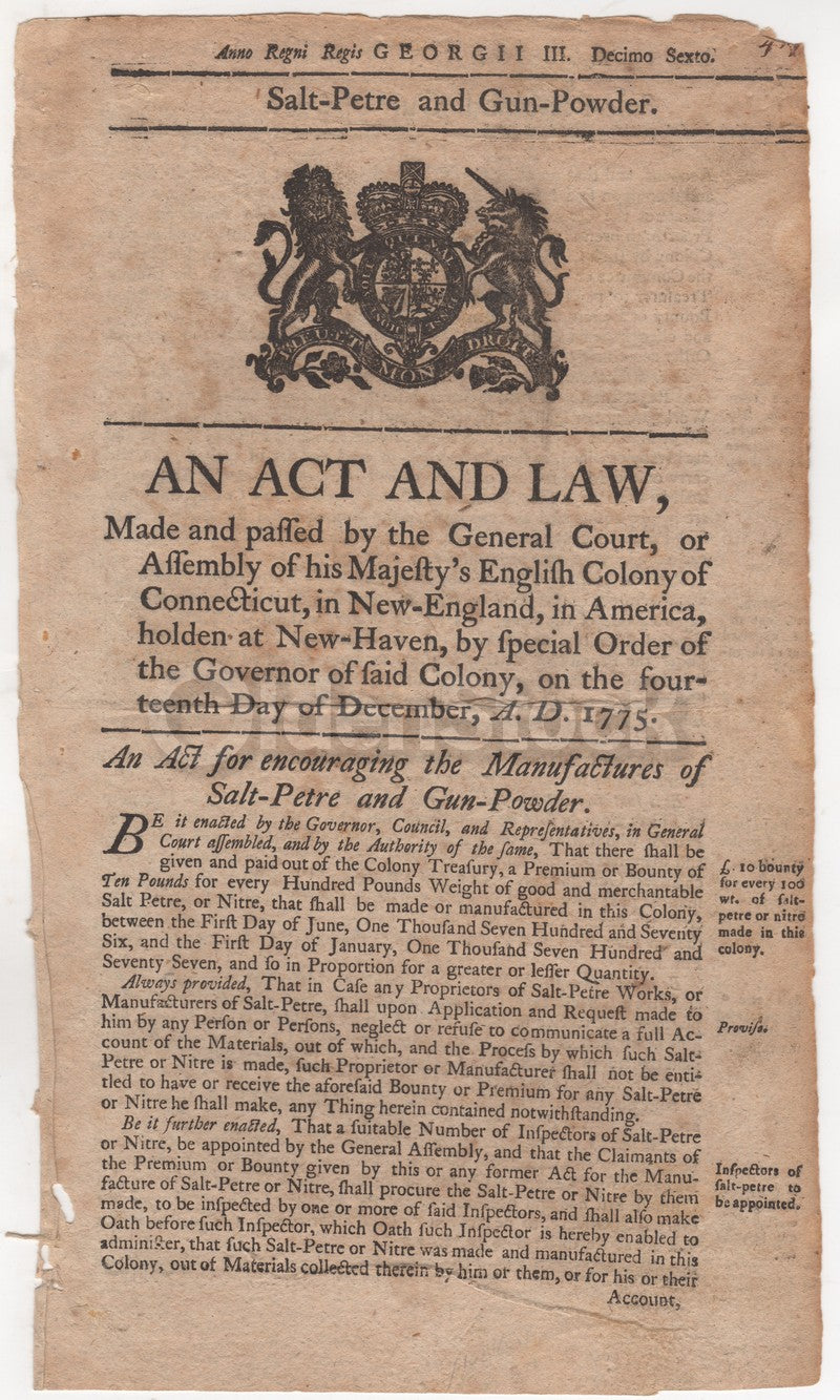 American Revolutionary War Gunpowder Sale Law Antique Broadside Document 1775