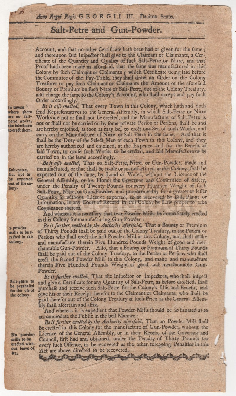 American Revolutionary War Gunpowder Sale Law Antique Broadside Document 1775