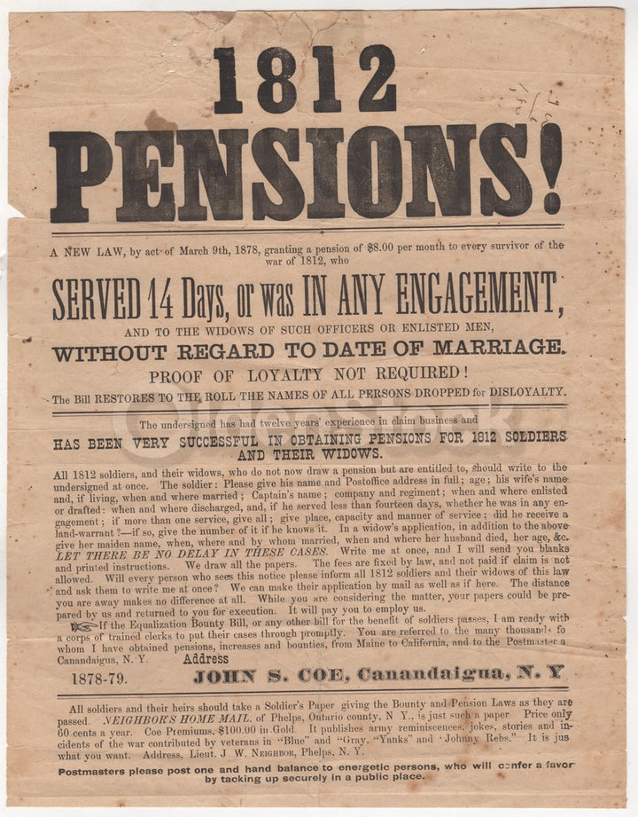 War of 1812 Military Soldiers Pensions Antique Legal Advertising Broadside 1878