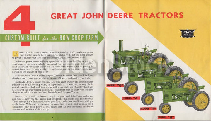 John Deere Tractors Model A B G H Graphic Advertising Sales Catalog 1940