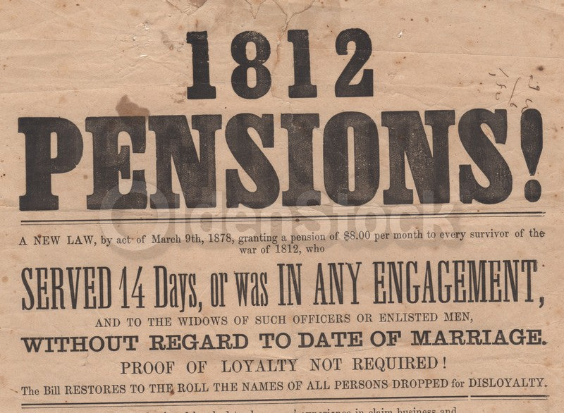 War of 1812 Military Soldiers Pensions Antique Legal Advertising Broadside 1878