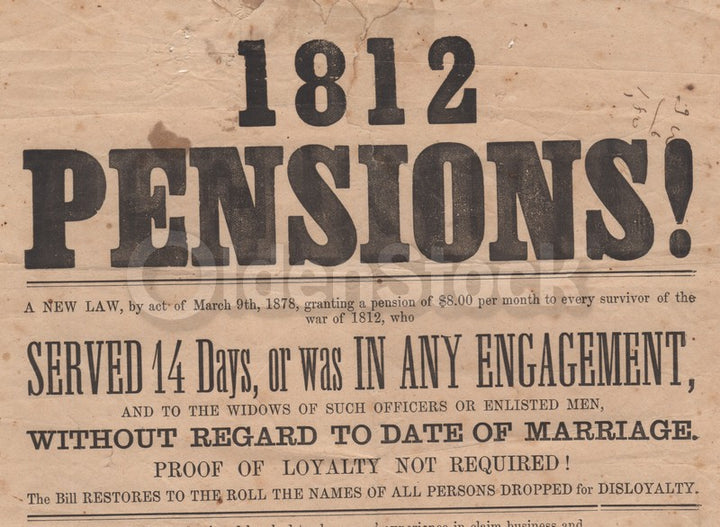 War of 1812 Military Soldiers Pensions Antique Legal Advertising Broadside 1878