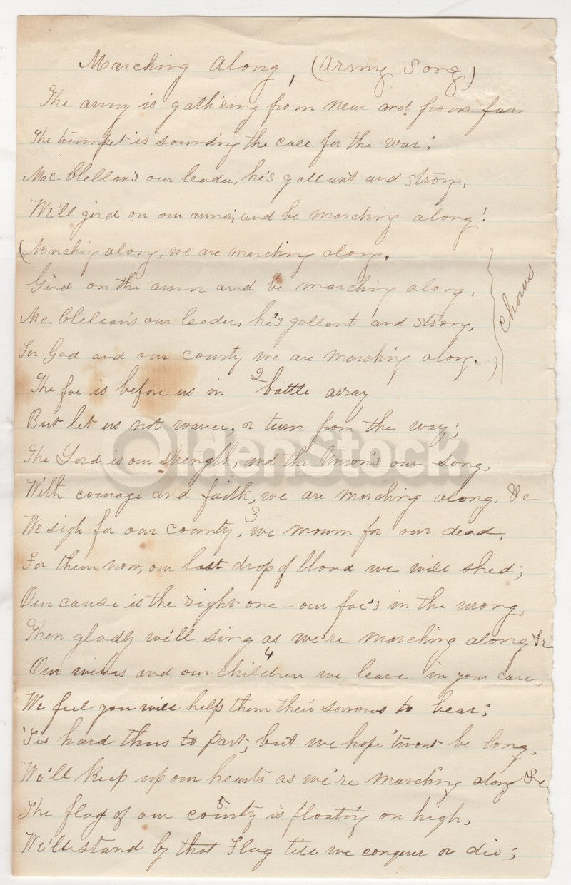 Civil War Battle Marching Along Song Antique Manuscript Letter 1860s