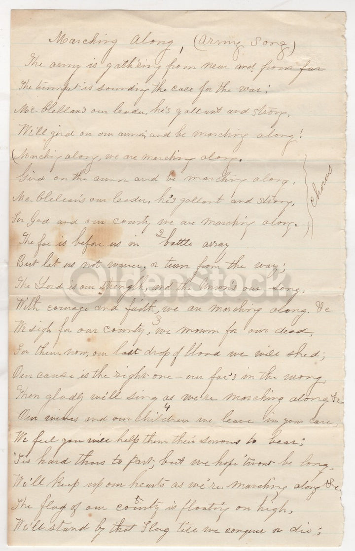 Civil War Battle Marching Along Song Antique Manuscript Letter 1860s