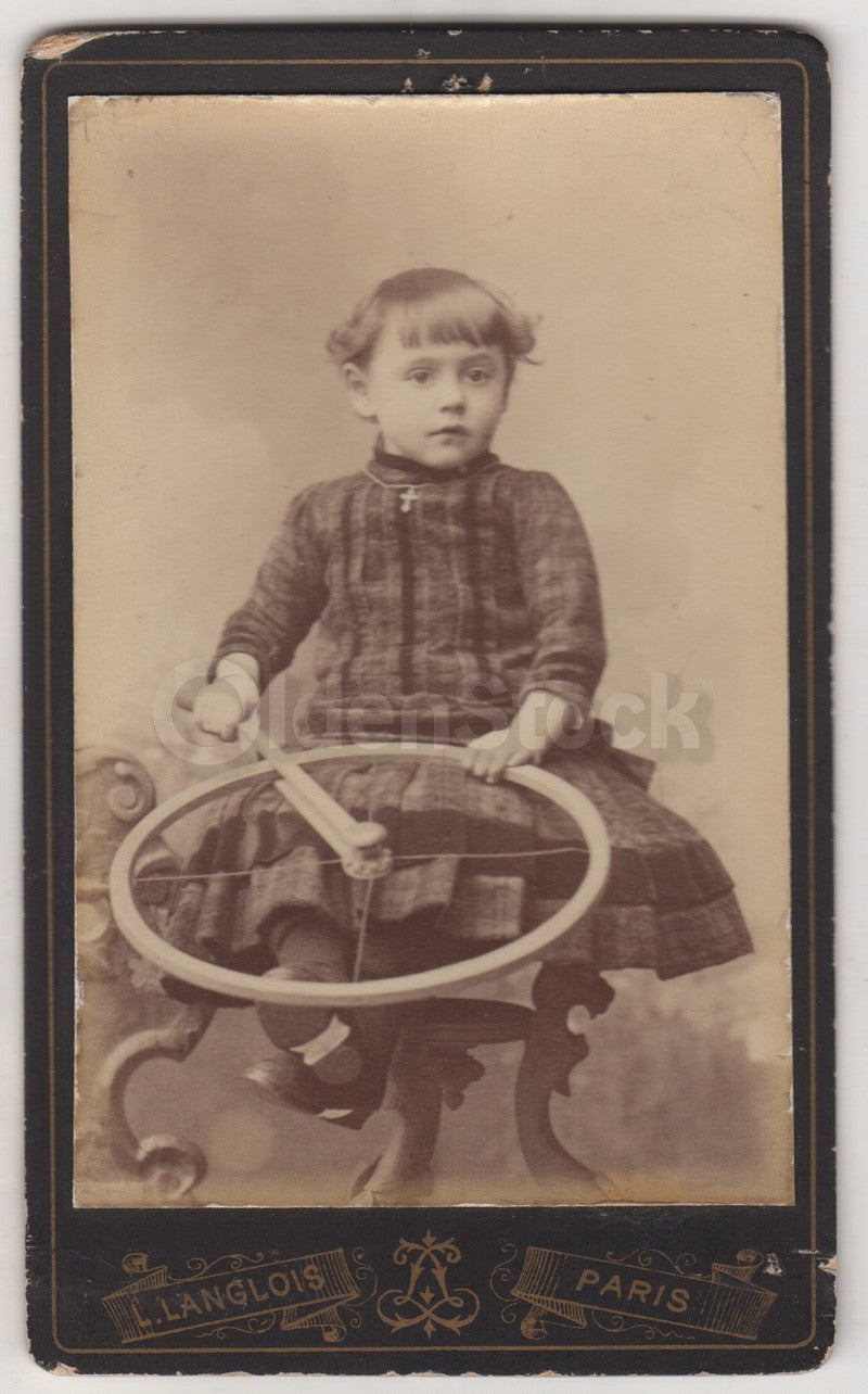 Darling Little Girl with Toy Hoop Stick Wheel Antique CDV Photo Paris