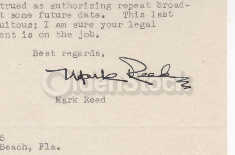 Mark Reed Petticoat Fever Playwright Autograph Signed Broadcast Contract Letter