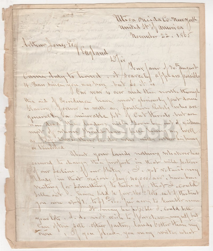 Excellent Civil War Content Letter Nov 1865 Utica NY to England