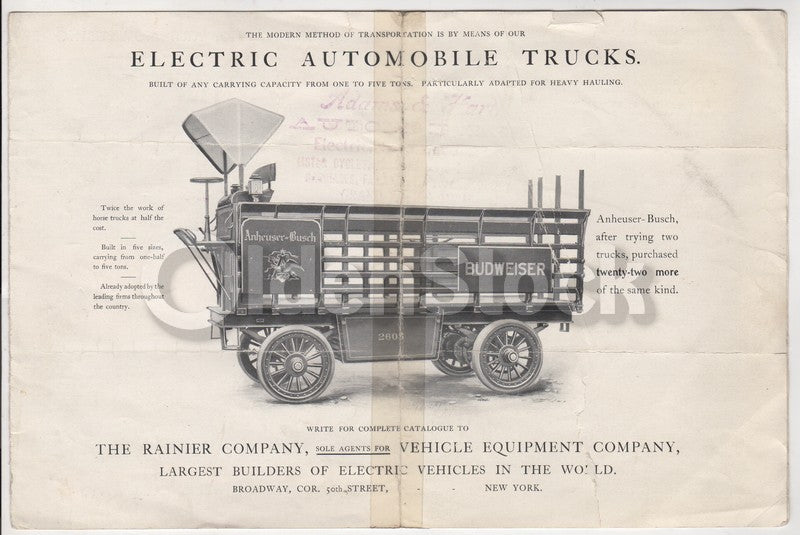 Rainier Electric Automobile Work Trucks Antique Advertising Sales Flyer 1903