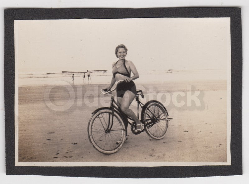 Lovely Beach Woman Riding Bicycle VIntage 1960s Snapshot Photo