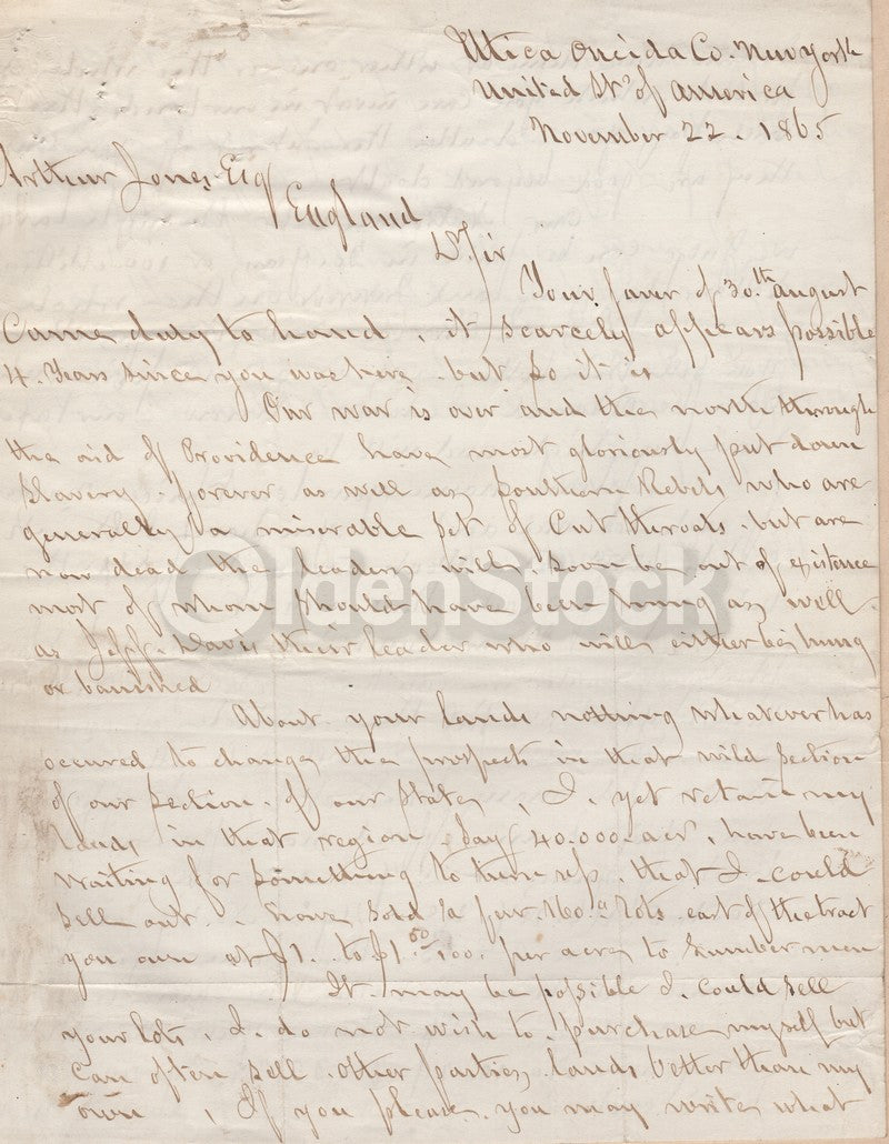 Excellent Civil War Content Letter Nov 1865 Utica NY to England