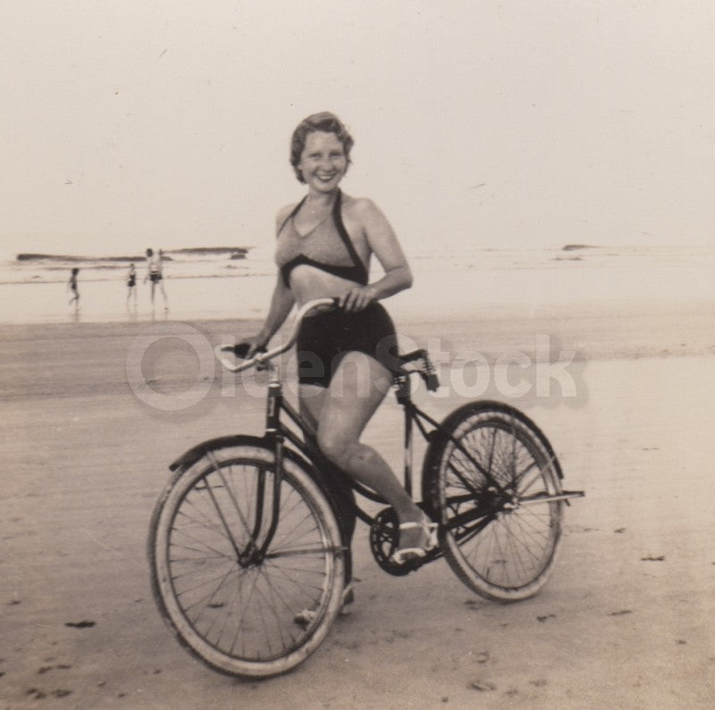 Lovely Beach Woman Riding Bicycle VIntage 1960s Snapshot Photo