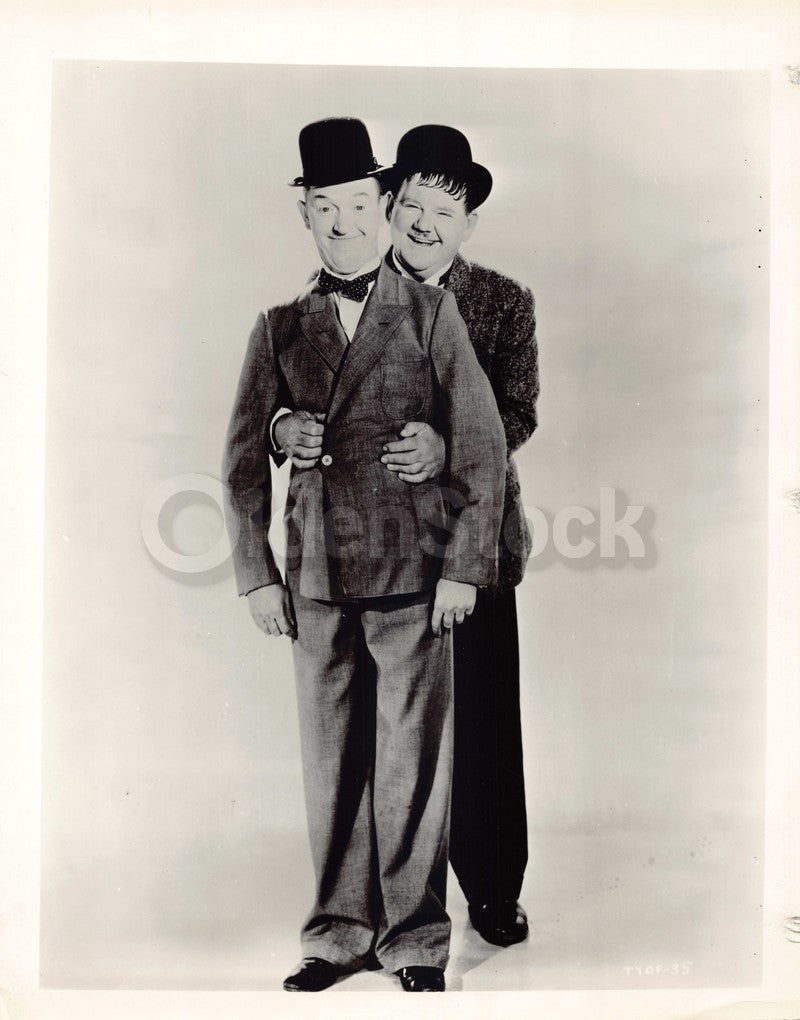 Laurel and Hardy Vaudeville Comedy Movie Actors Awkward Hug Vintage Promo Photo