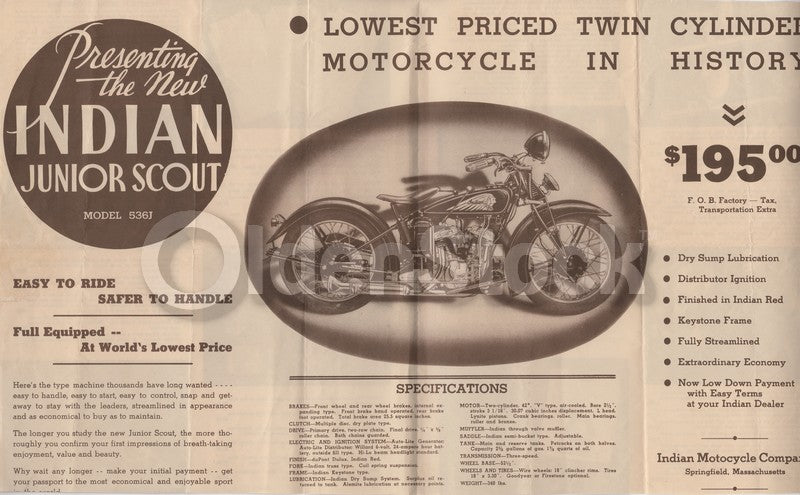 Indian Junior Scout Motorcycles Vintage Sales Advertising Poster Flyer 1930s