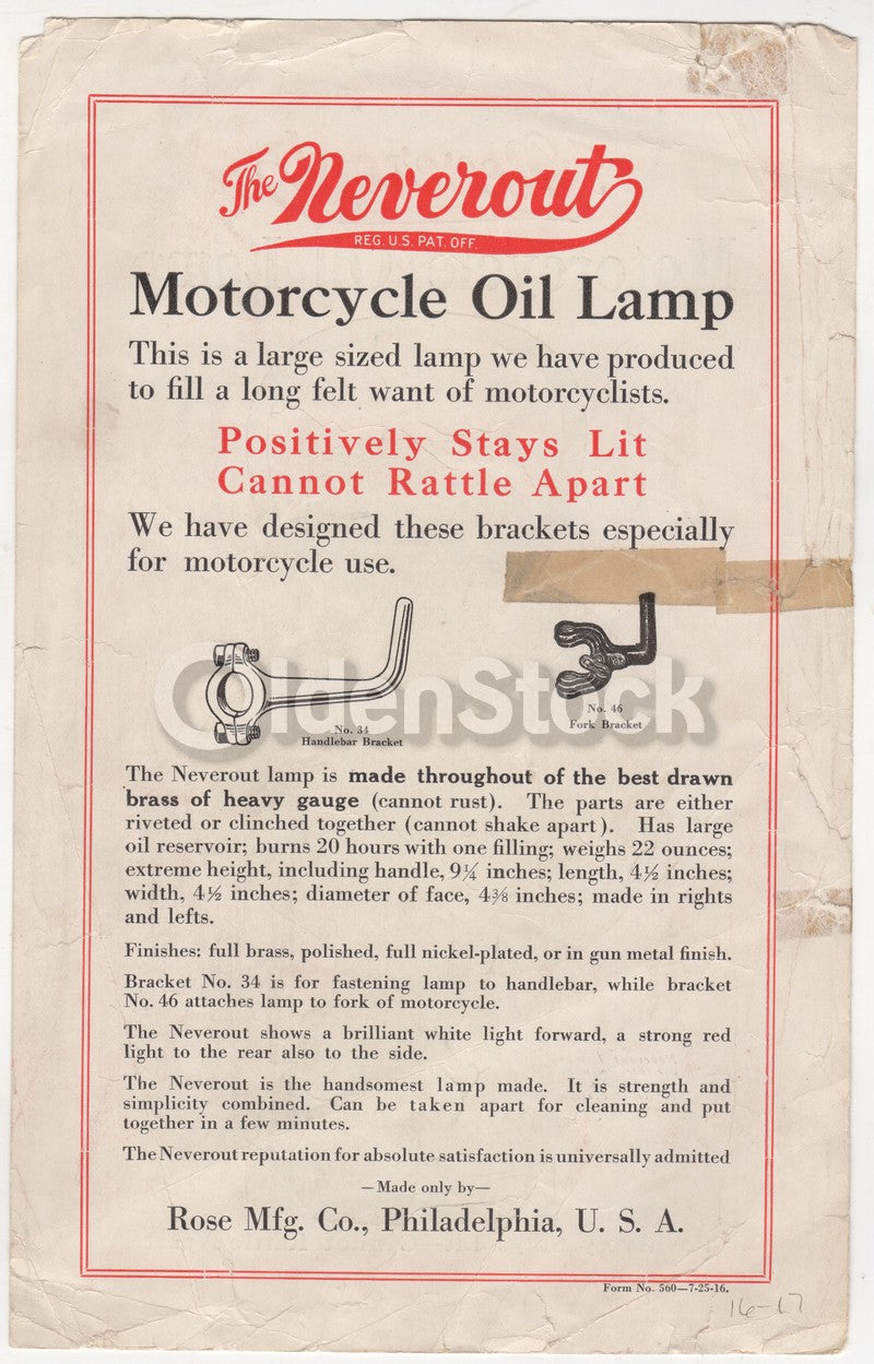 Neverout Motorcycle Oil Lamp Philadelphia Antique Advertising Flyer 1916