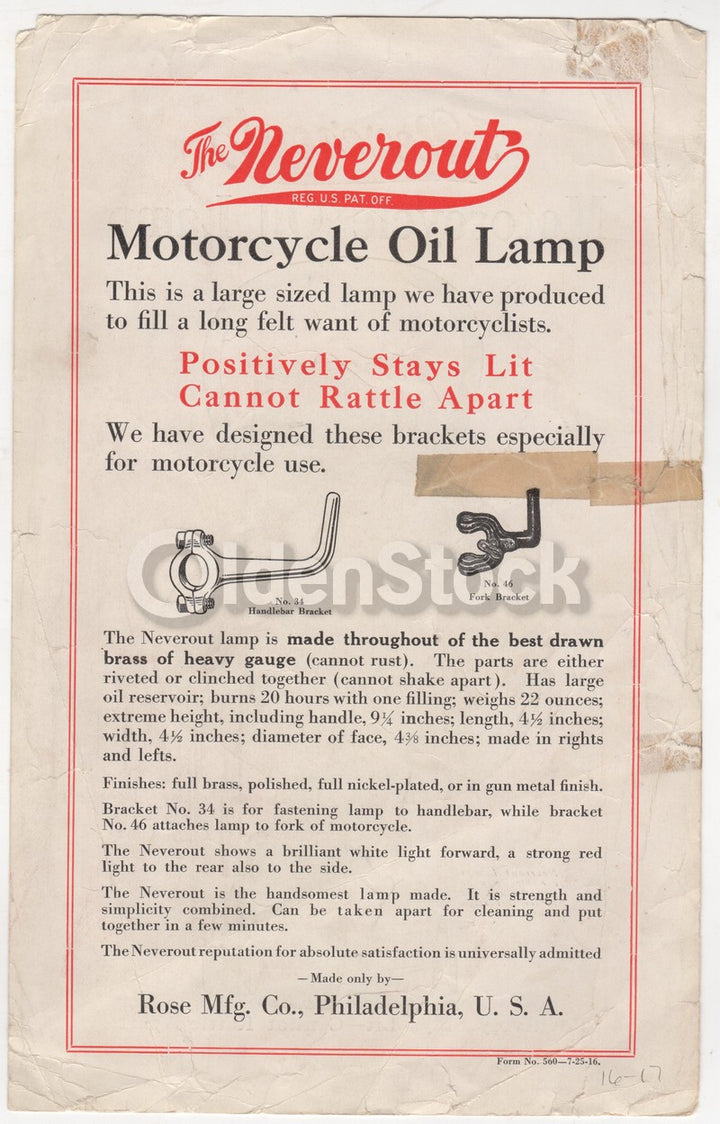 Neverout Motorcycle Oil Lamp Philadelphia Antique Advertising Flyer 1916
