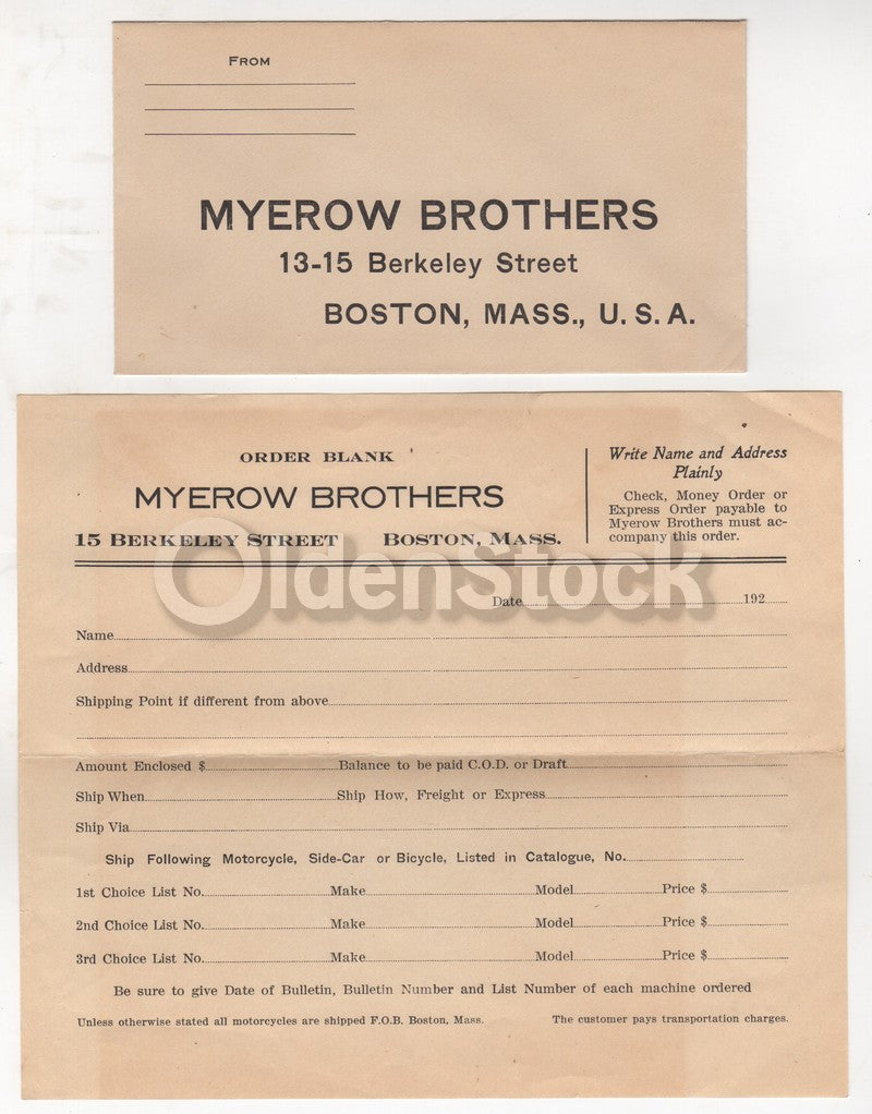 Myerow Bros Boston MA Indian Harley Motorcycle Dealer Catalog 1920