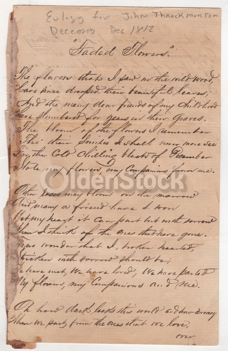 John Throckmorton Colonial New Jersey Indian Wars Eulogy Document 1812