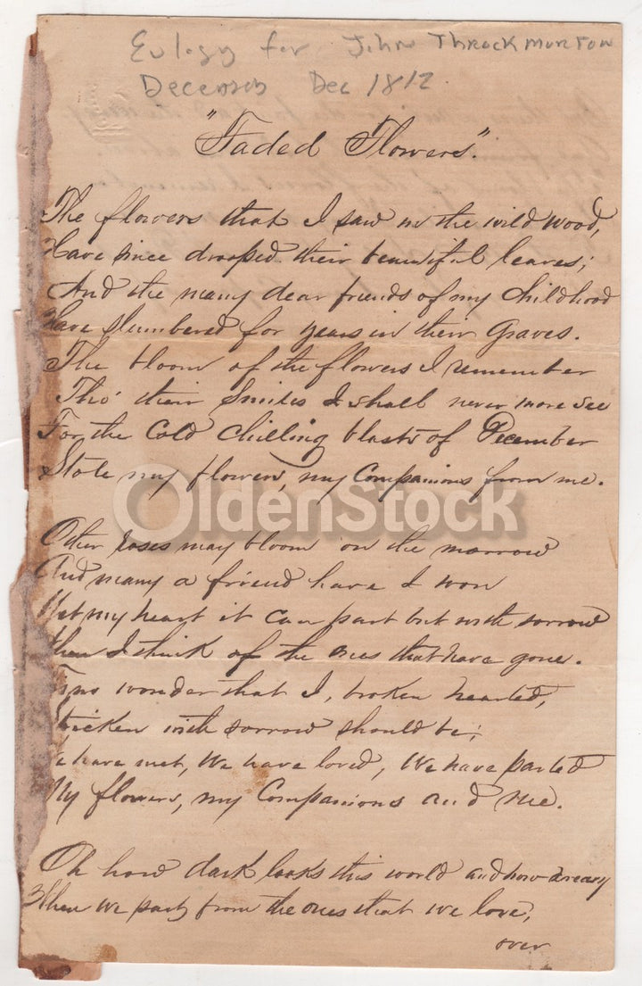 John Throckmorton Colonial New Jersey Indian Wars Eulogy Document 1812