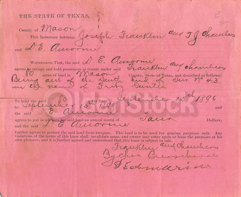 Mason County Texas Antique Signed Land Rental Deed dated 1896